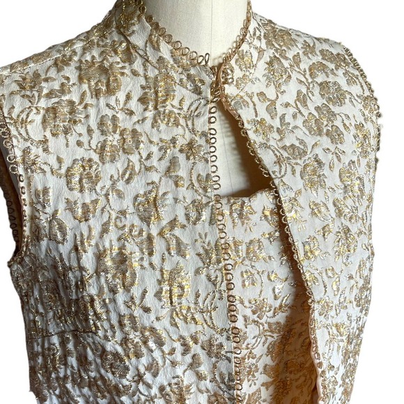 Vintage 50s Gold Silver Jacquard Brocade Wiggle Dress Vest Set Cocktail Pinup - Picture 2 of 14